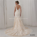 Hot wholesale deep V-neck lace backless applique beads mermaid sexy gown beading wedding dress sample